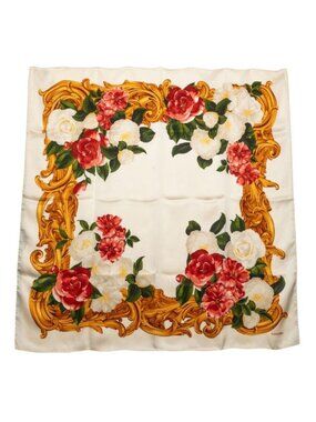 Chanel Flower Floral Scarf White Multicolor Silk